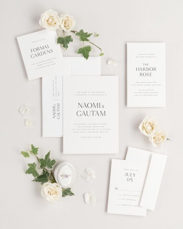 Naomi wedding invitations flat lay with