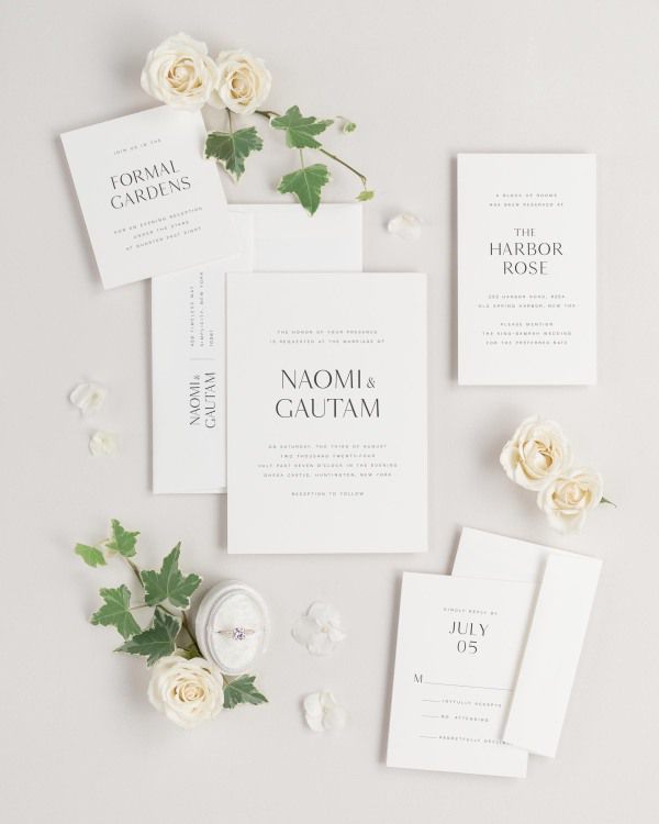 Naomi wedding invitations flat lay with