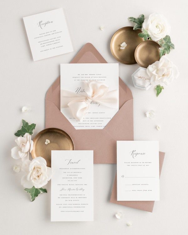 Wedding invitations with silk ribbon and cedarwood envelope
