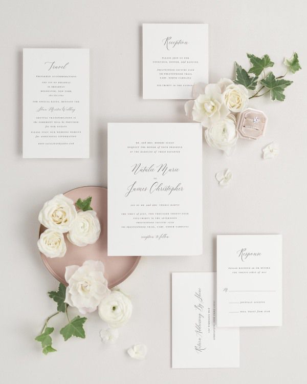 Natalie wedding invitations flat lay with matching response and detail cards