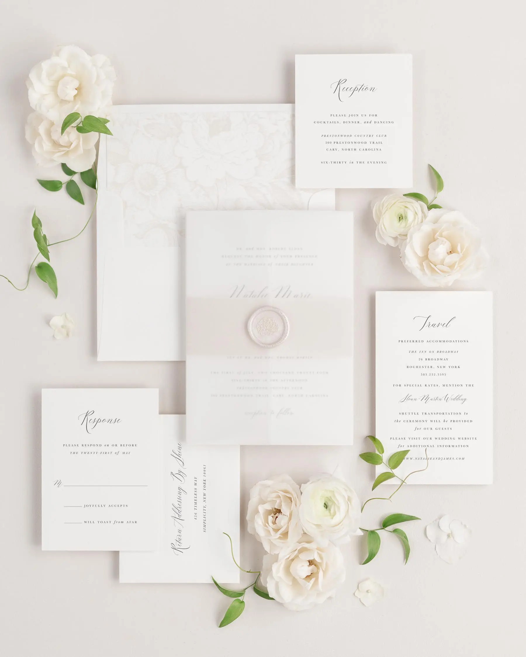 Natalie Wedding Invitation Suite Styled with Vellum Jacket and Pearl Wax Seal