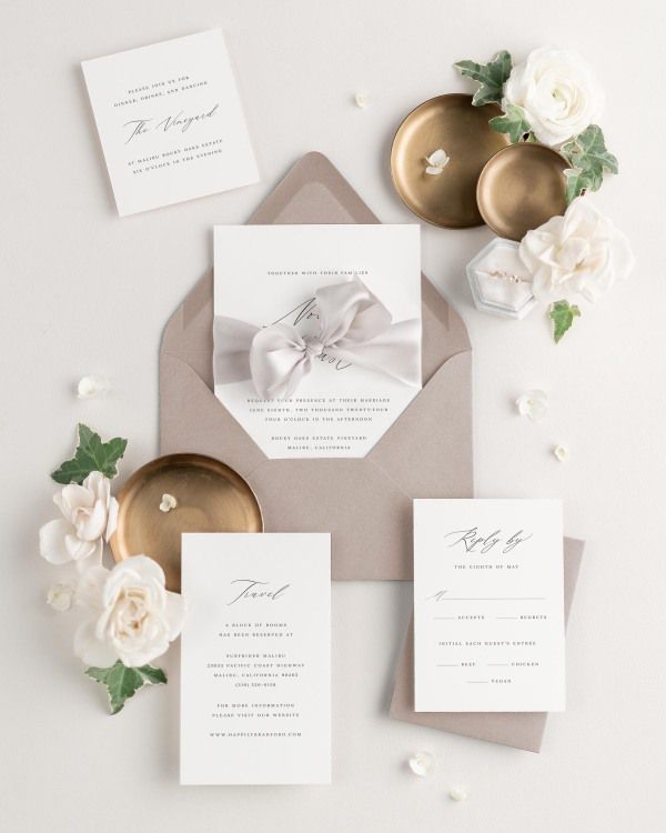 Wedding invitations with silk ribbon and fawn brown envelope