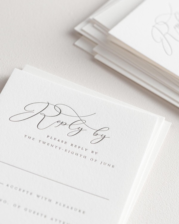 Dreamy close up shot of Ophelia response cards. Deep impressions in the paper are a result of the letterpress printing process.