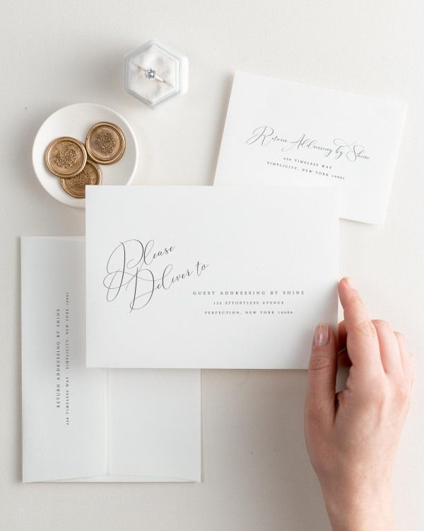 Ophelia letterpress wedding invitation envelopes. The response envelope showcases our return addressing service, while the outer envelopes shows both guest and return addressing options.