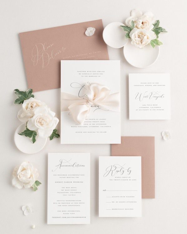 Wedding invitations with silk ribbon and cedarwood envelope