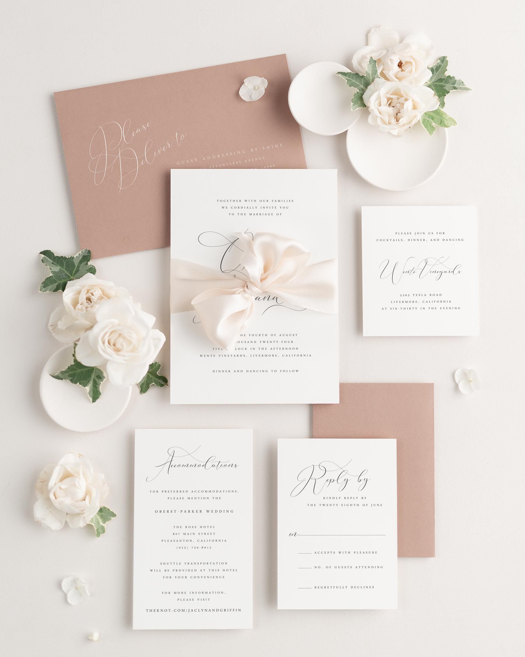 Wedding invitations with silk ribbon and cedarwood envelope