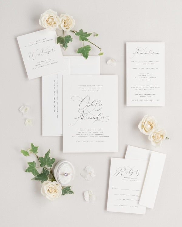 Ophelia wedding invitations flat lay with