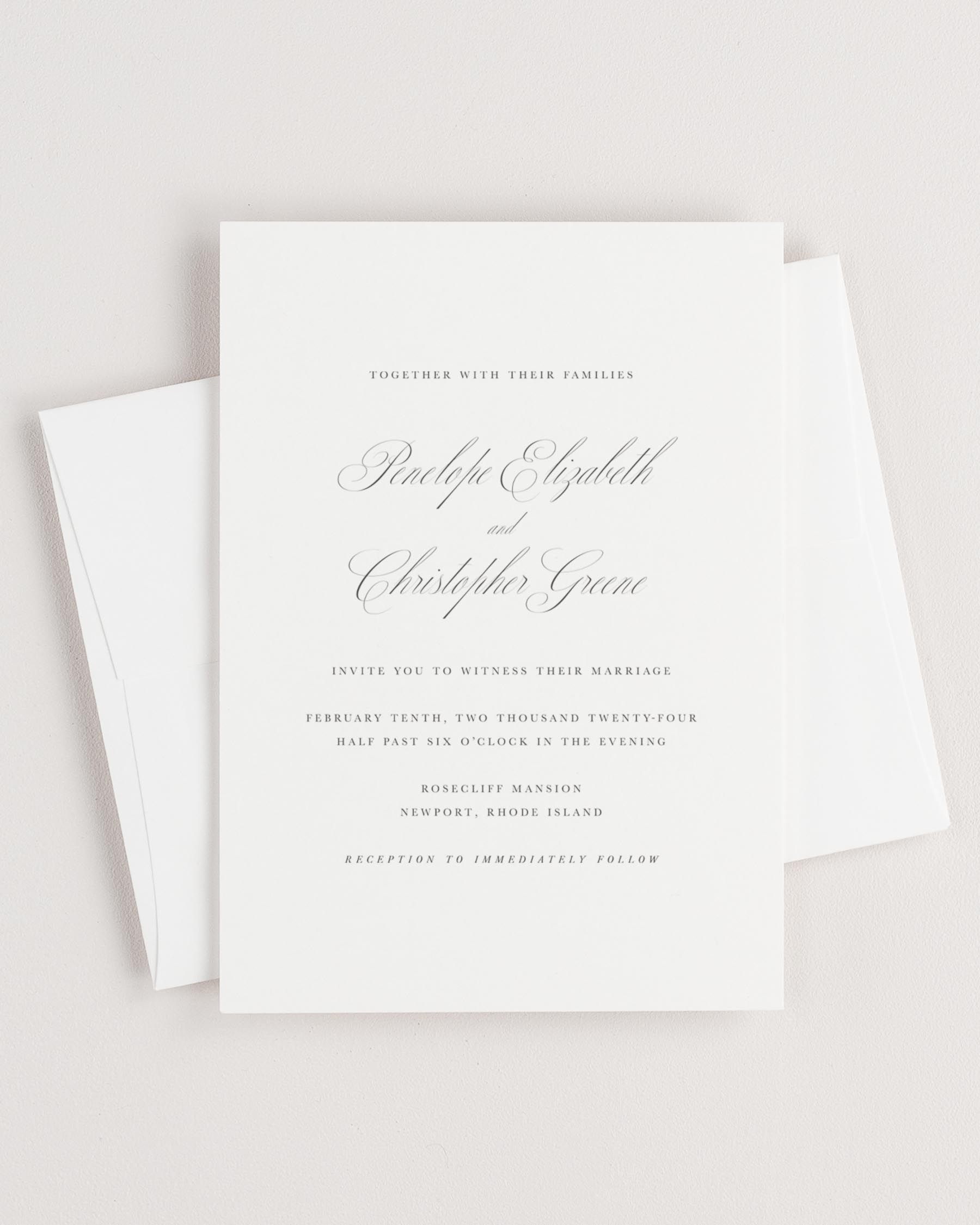 Simple close-up of Penelope invitation with an envelope.