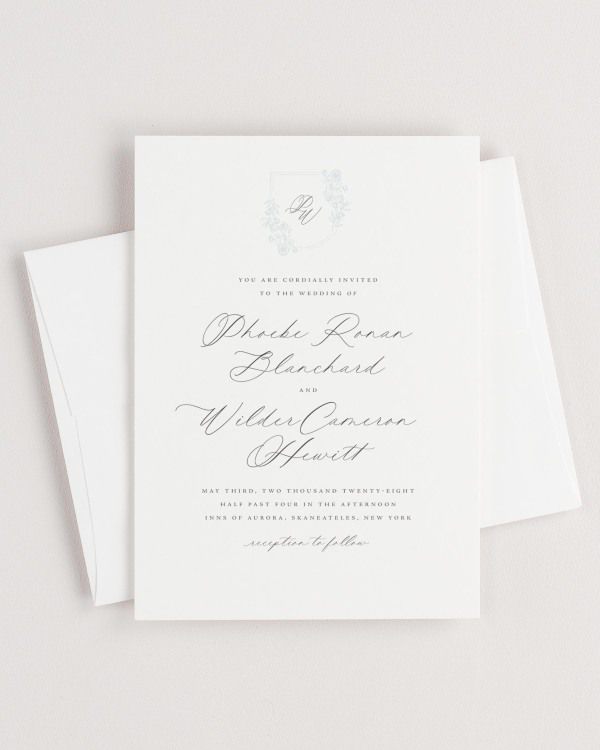 Simple close-up of Phoebe invitation with an envelope.