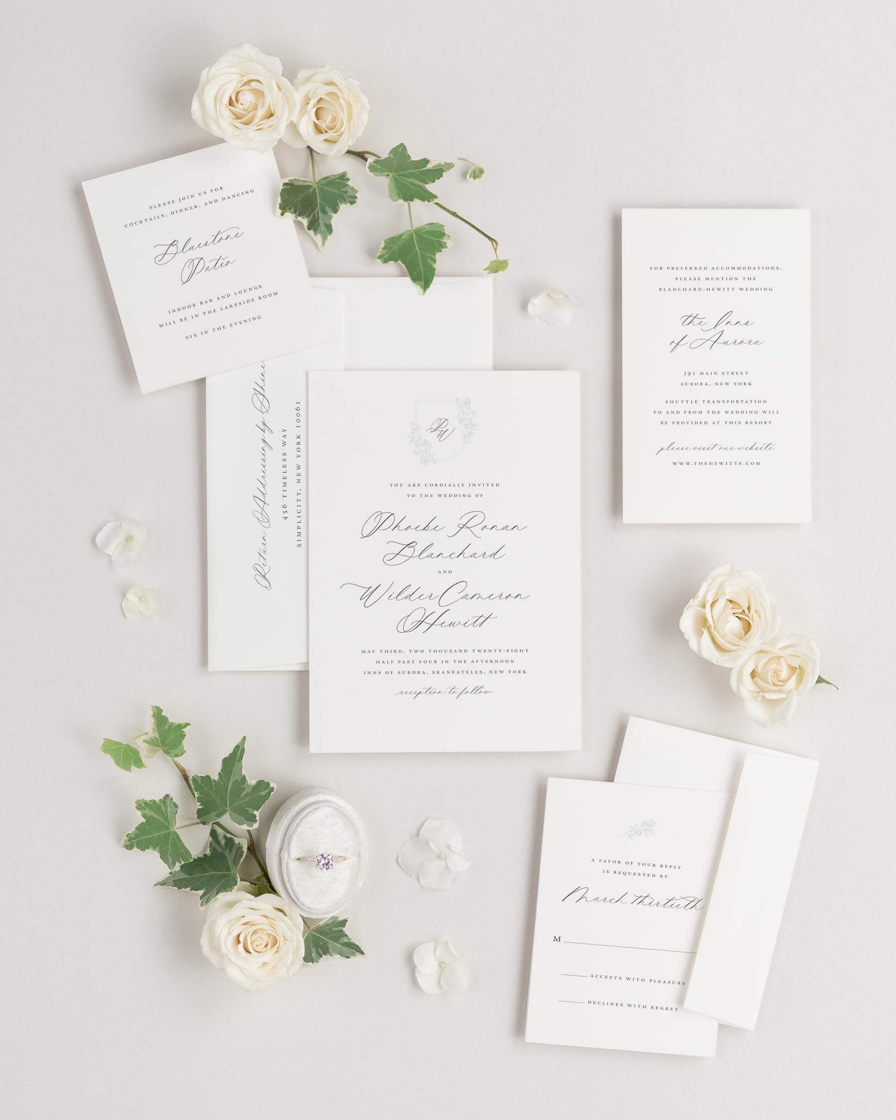 Phoebe wedding invitations flat lay