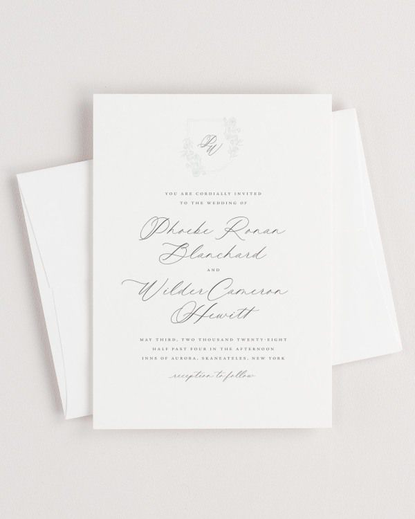 Simple close-up of Phoebe invitation with an envelope.