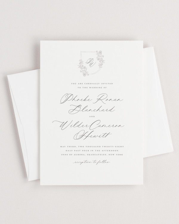 Simple close-up of Phoebe invitation with an envelope.