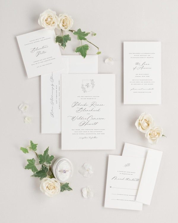 Phoebe wedding invitations flat lay