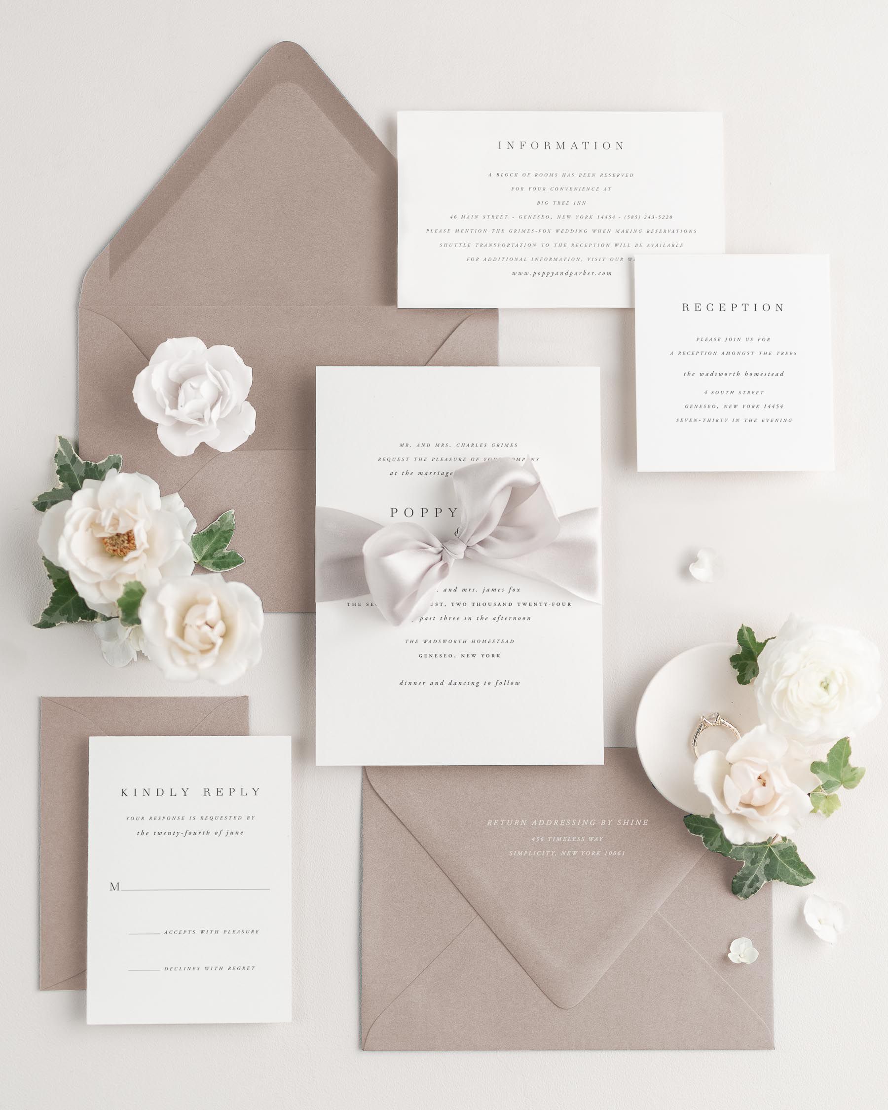 Wedding invitations with silk ribbon and brown envelope