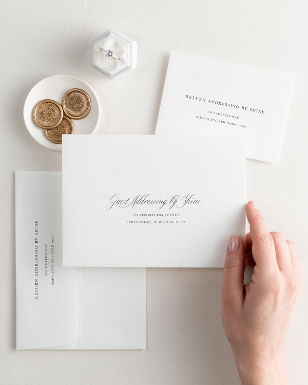 Quinn letterpress wedding invitation envelopes. The response envelope showcases our return addressing service, while the outer envelopes shows both guest and return addressing options.