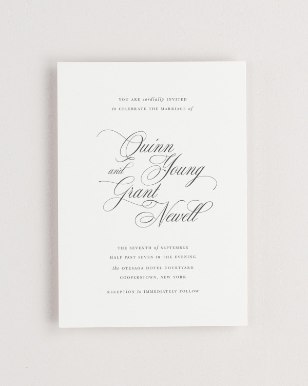 Simple close-up of Quinn invitation.