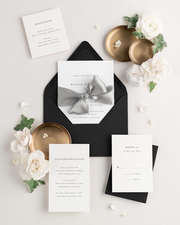 Wedding invitations with silk ribbon and onyx black envelope