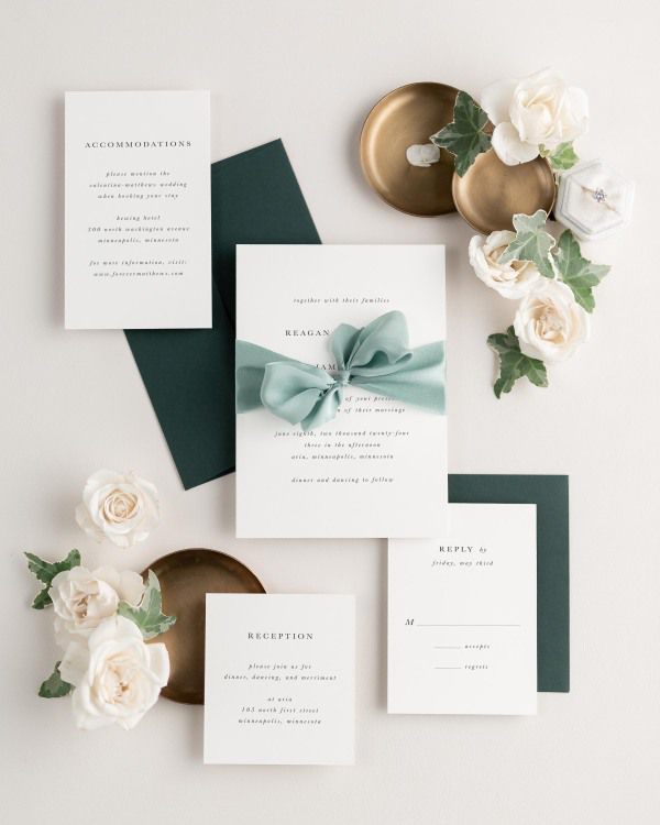 Wedding invitations with silk ribbon and green envelope
