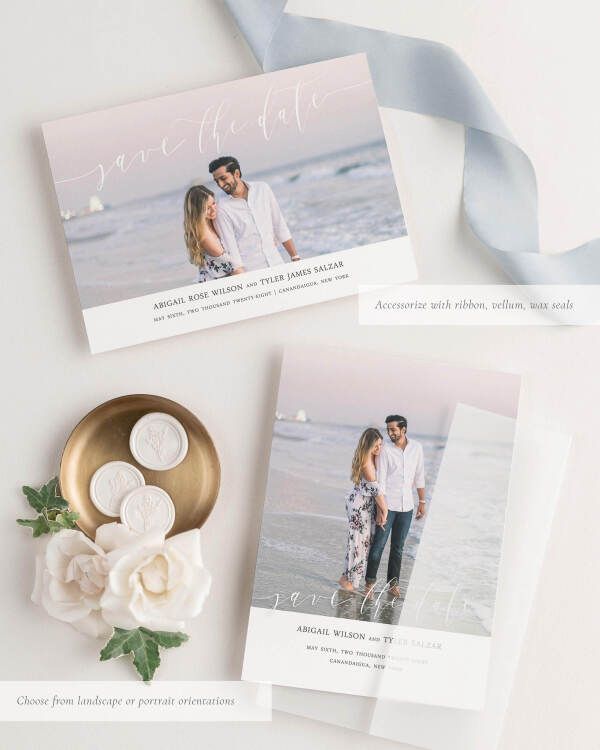 Romantic Calligraphy Photo Save the Date with Silk Ribbon