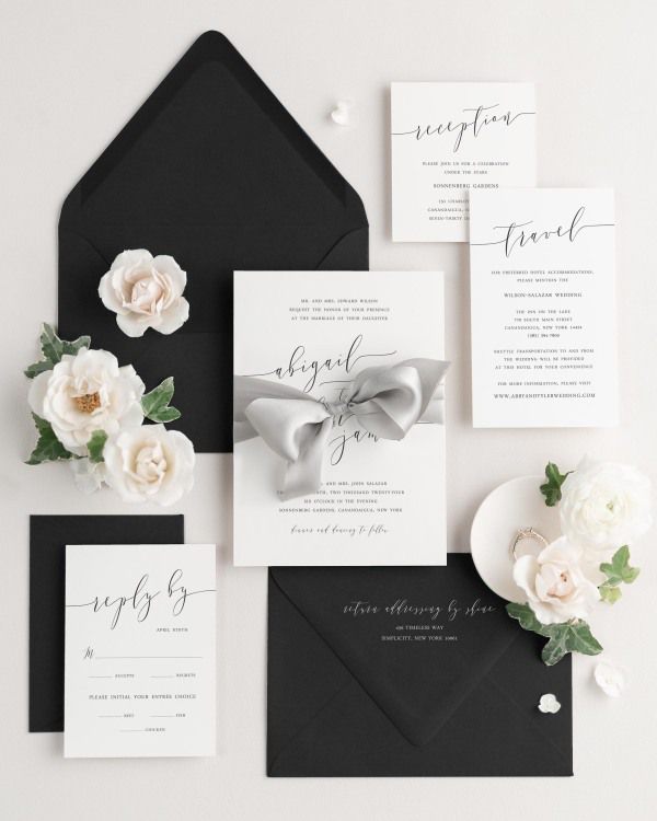 Wedding invitations with silk ribbon and black envelope