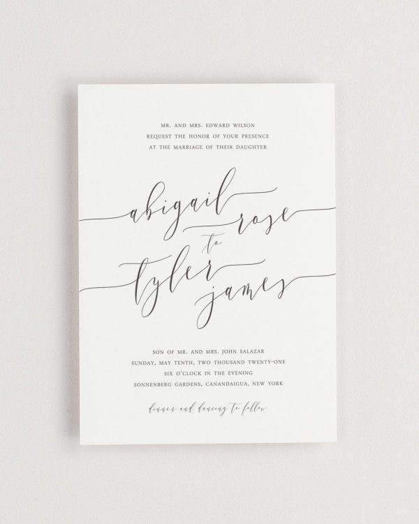 Simple close-up of Romantic Calligraphy invitation.