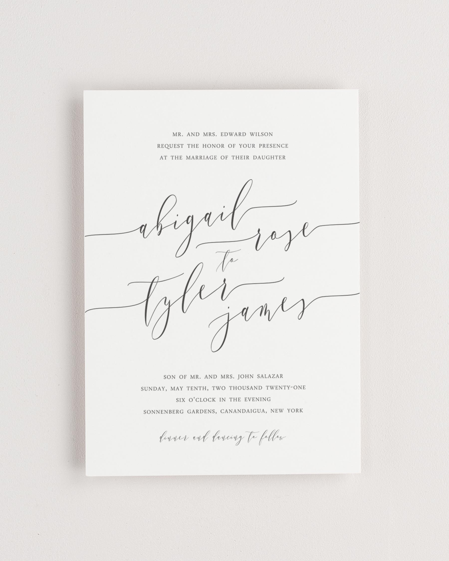 Simple close-up of Romantic Calligraphy invitation.