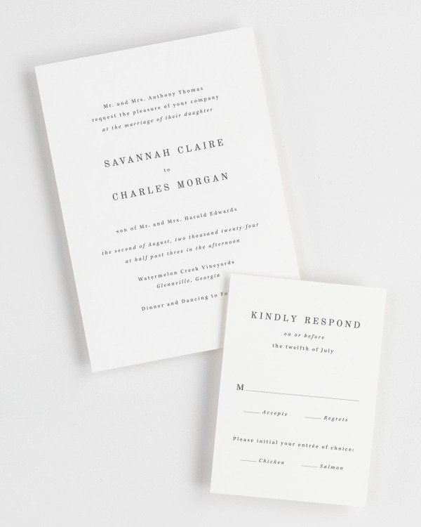 Simple close-up of Savannah invitation and matching response card.