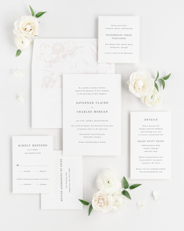 Savannah wedding invitations flat lay with vintage blush anemones liner.