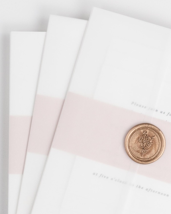 Savannah wedding invitation with a vintage blush belly band, translucent vellum jacket, and gold posy wax seal.