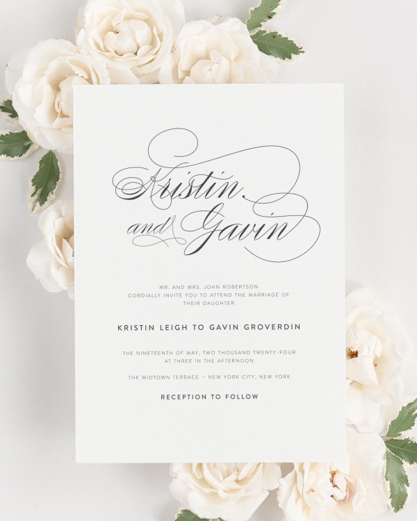 Script Elegance wedding invitation framed with dreamy florals.