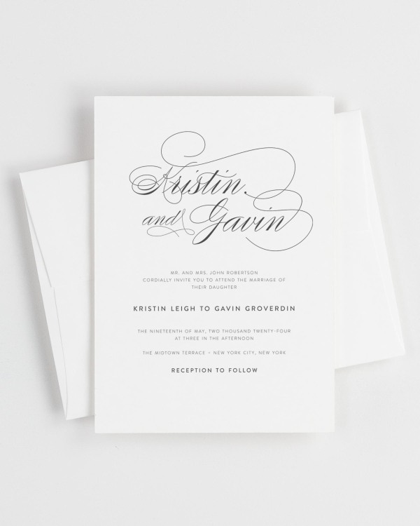 Simple close-up of Script Elegance invitation with an envelope.