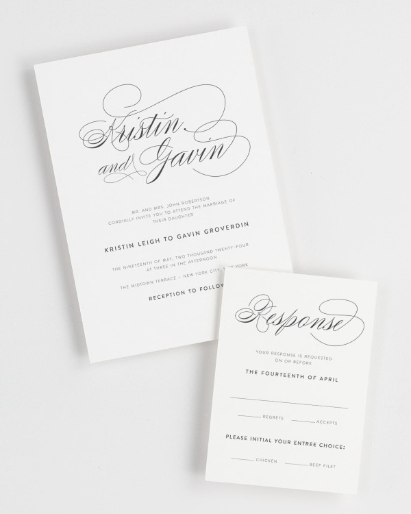 Simple close-up of Script Elegance invitation and matching response card.