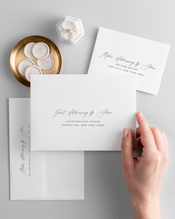 Sophia letterpress wedding invitation envelopes. The response envelope showcases our return addressing service, while the outer envelopes shows both guest and return addressing options.