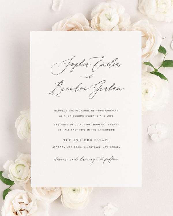 Sophia wedding invitation framed with dreamy florals.