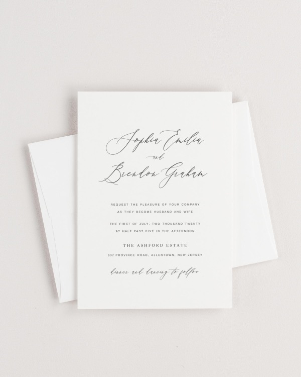 Simple close-up of Sophia invitation with an envelope.