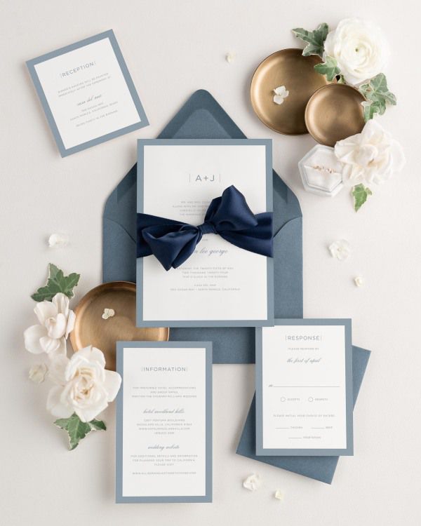 Sophisticated Modern wedding invitations with silk ribbon and blue envelopes