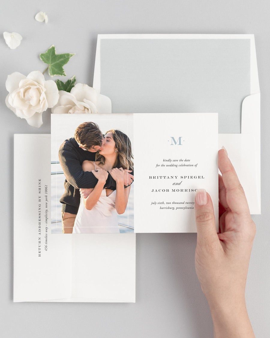 Upscale Monogram photo save the date card with envelope