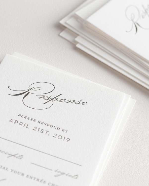 Dreamy close up shot of Vintage Glam response cards. Deep impressions in the paper are a result of the letterpress printing process.