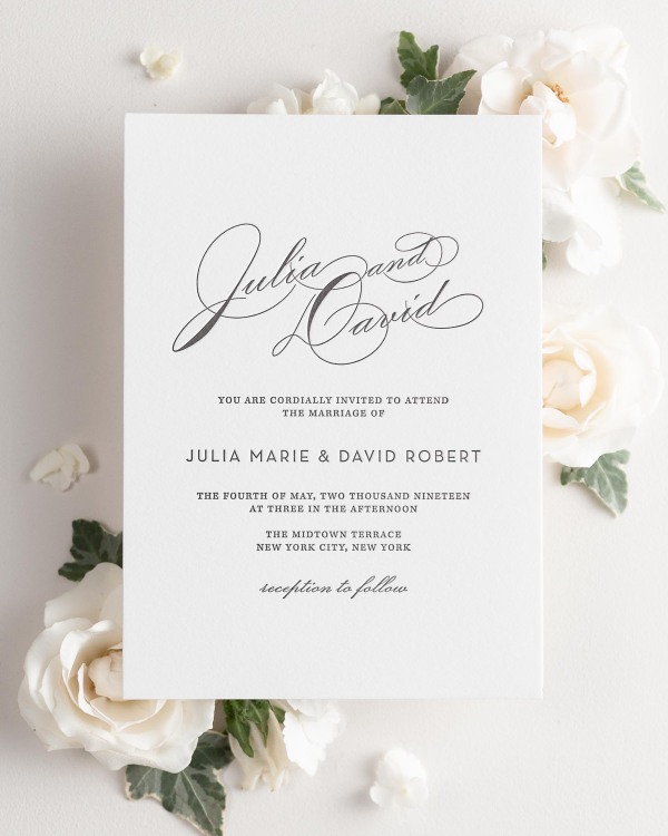 Vintage Glam letterpress wedding invitation styled with pretty florals.