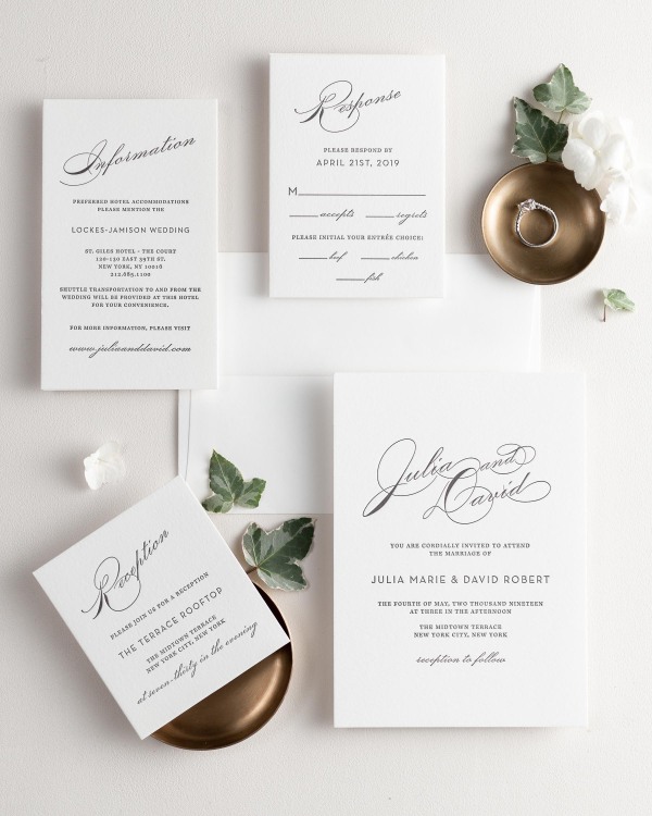 All pieces of the Vintage Glam letterpress wedding invitation suite, including the invitation, small and large enclosures, and response card.