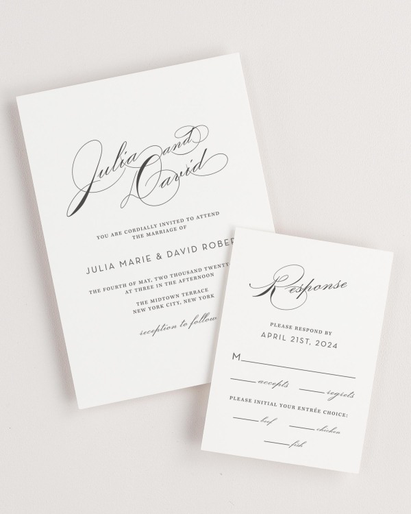Simple close-up of Vintage Glam invitation and matching response card.