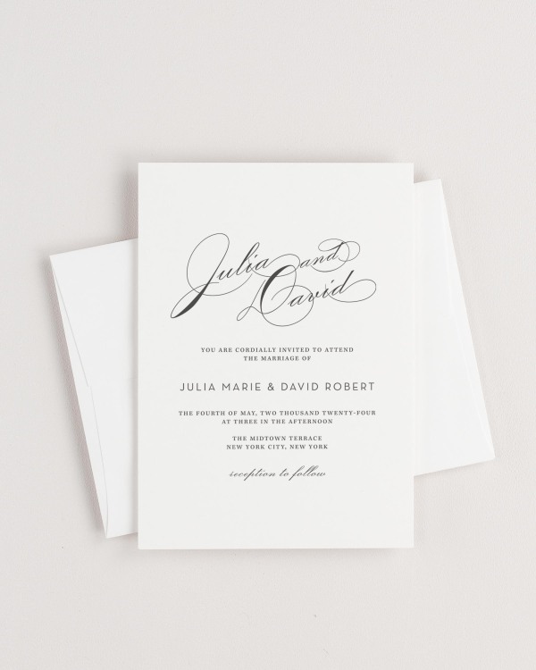 Simple close-up of Vintage Glam invitation with an envelope.