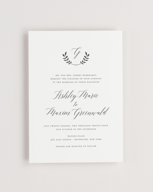 Simple close-up of Wreath Monogram invitation.