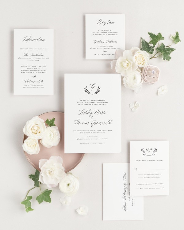 Wreath Monogram wedding invitations