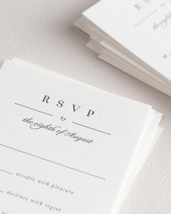 Dreamy close up shot of Zarah response cards. Deep impressions in the paper are a result of the letterpress printing process.