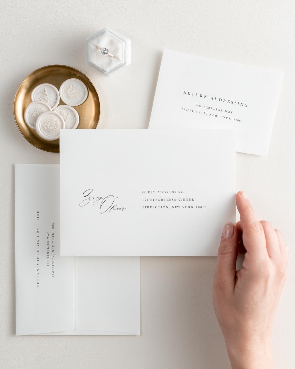 Zoey letterpress wedding invitation envelopes. The response envelope showcases our return addressing service, while the outer envelopes shows both guest and return addressing options.