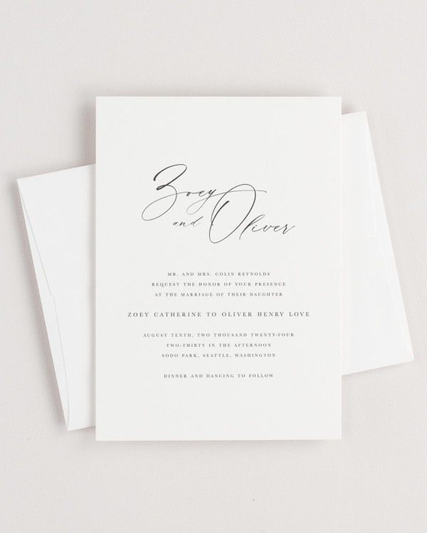 Simple close-up of Zoey invitation with an envelope.