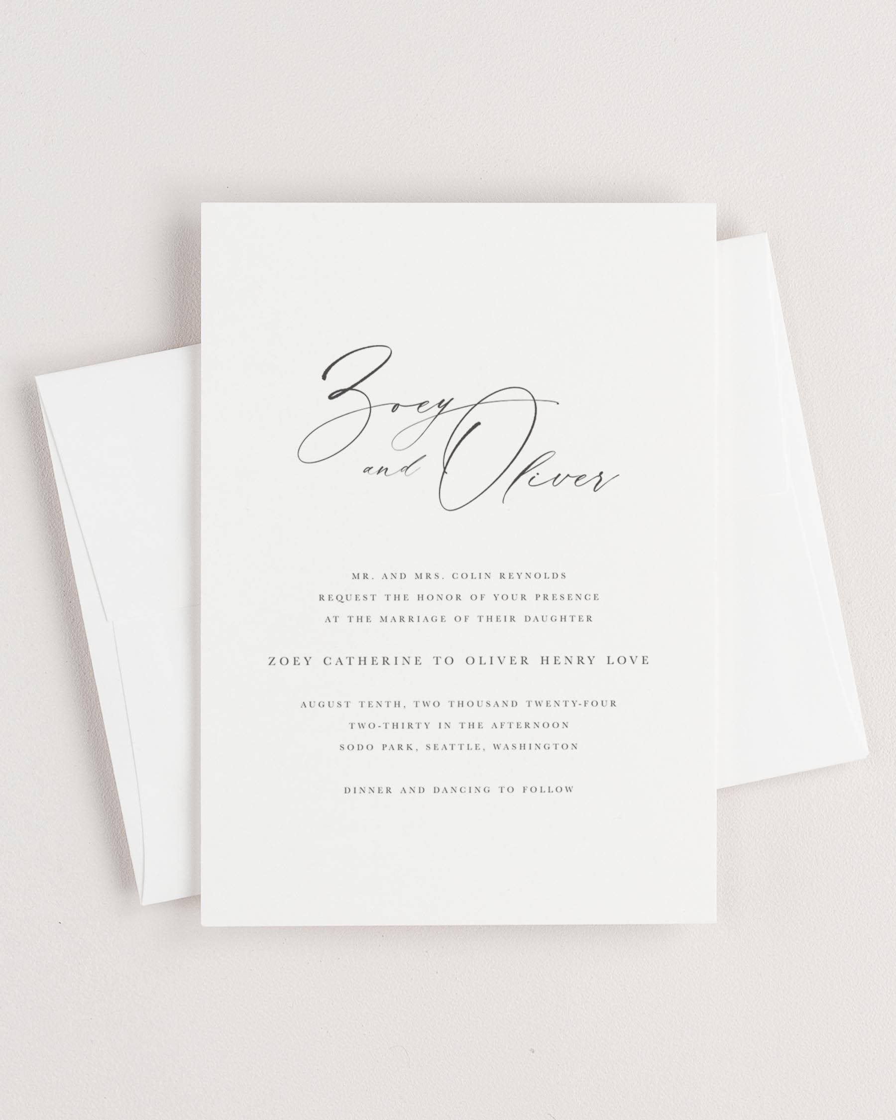 Simple close-up of Zoey invitation with an envelope.